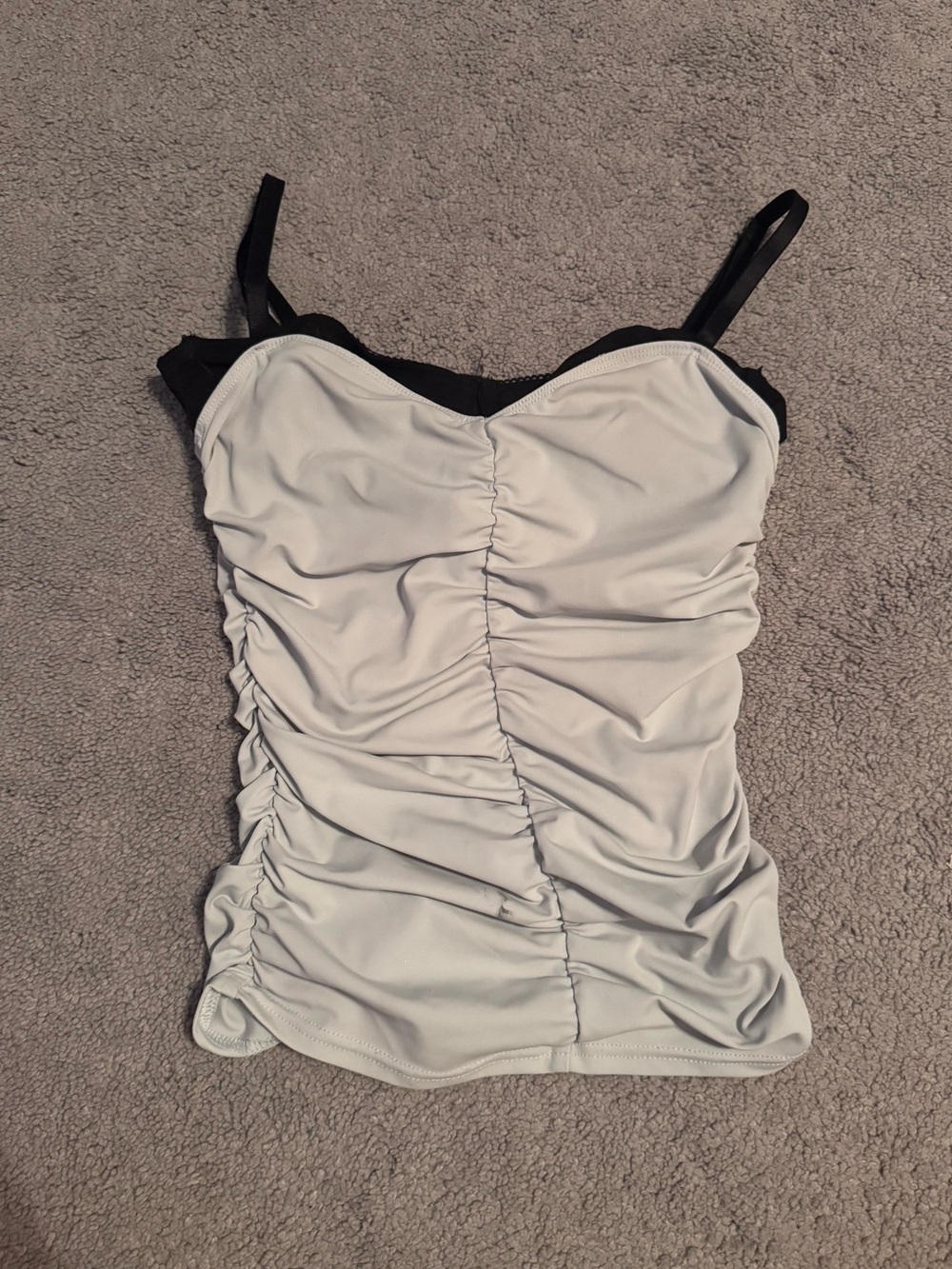 Light Blue Ruched Top with Black Lace Bra